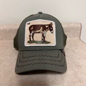 Goorin Brothers Trucker Hat with Donkey ASS Patch in Olive green. NWOT
